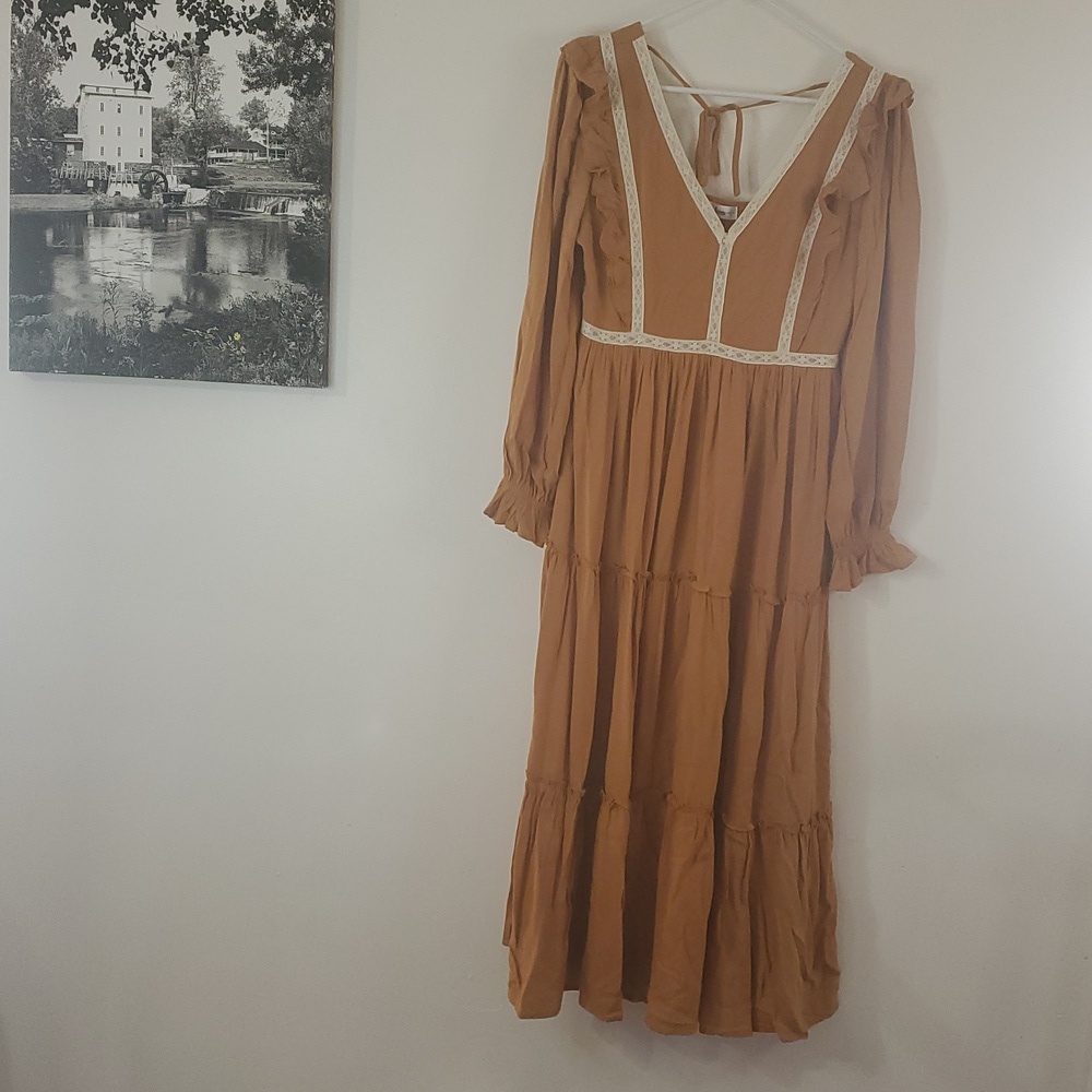In Loom Tiered Lace Inset Ruffle Dress Size Large Midi BoHo Modest - Picture 4 of 15